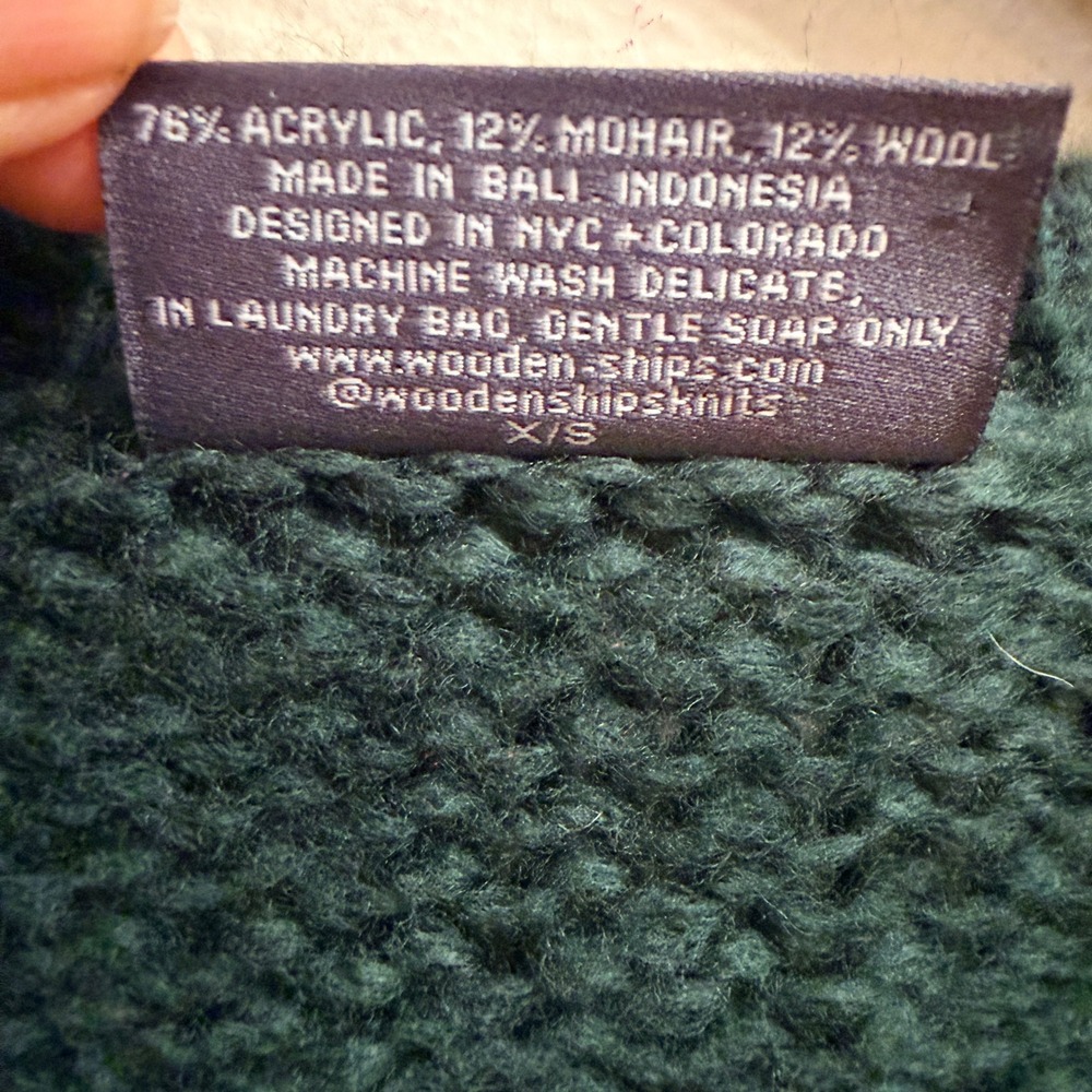 Wooden Ships Merry Crew Chunky Knit Sweater Green Mohair Wool XS/S Holiday Cozy - Picture 7 of 9